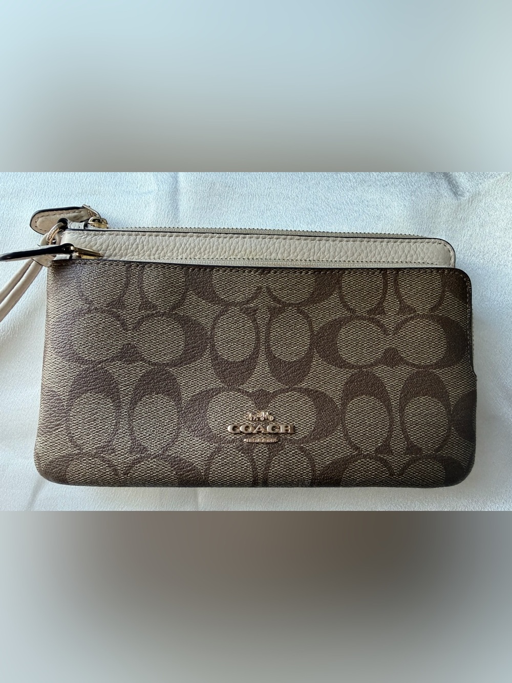 Coach Brown Signature Canvas Zip Wallet with Light Tan Trim